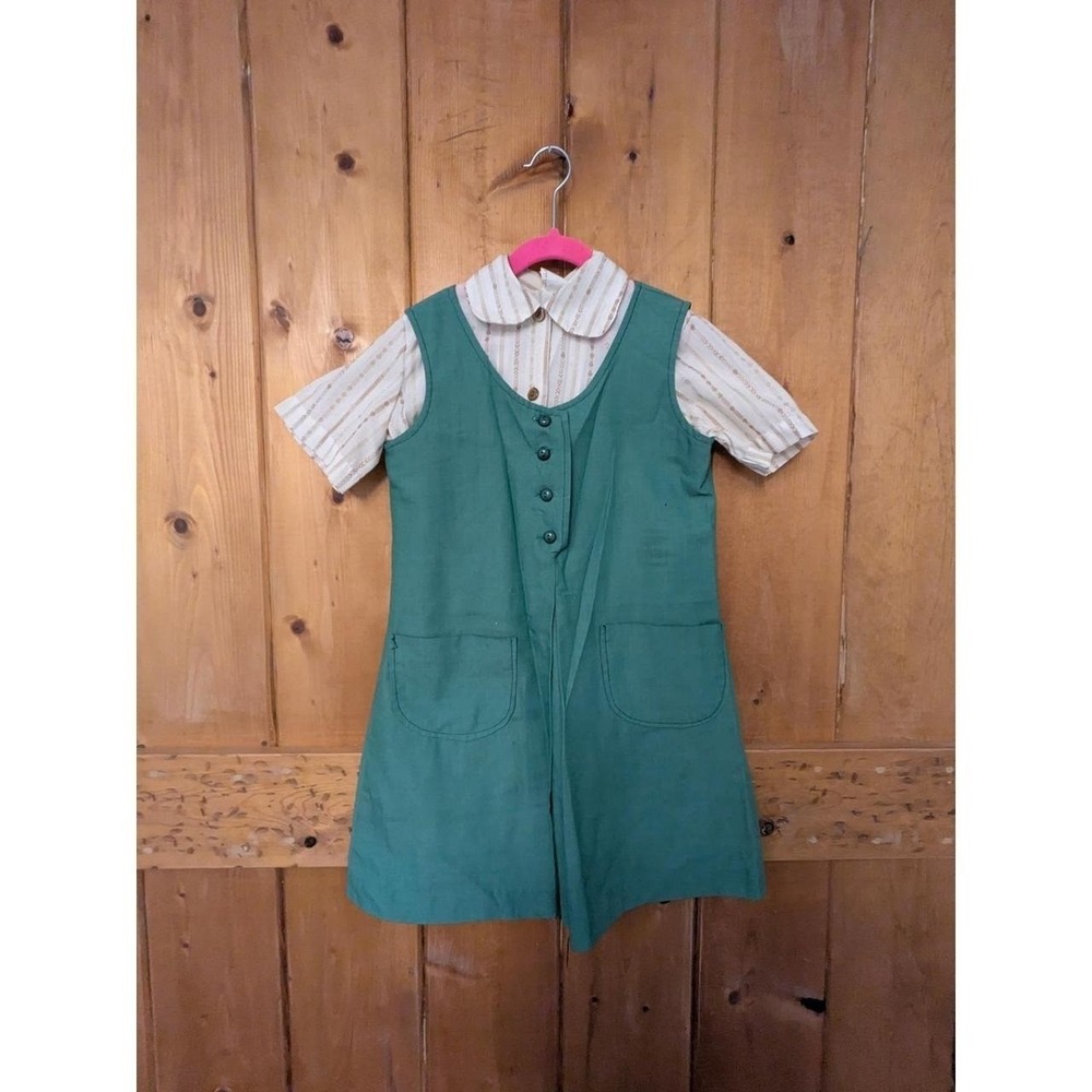 Vintage Girl Scouts Official Uniform Green Jumper and Patterned Blouse Set 10